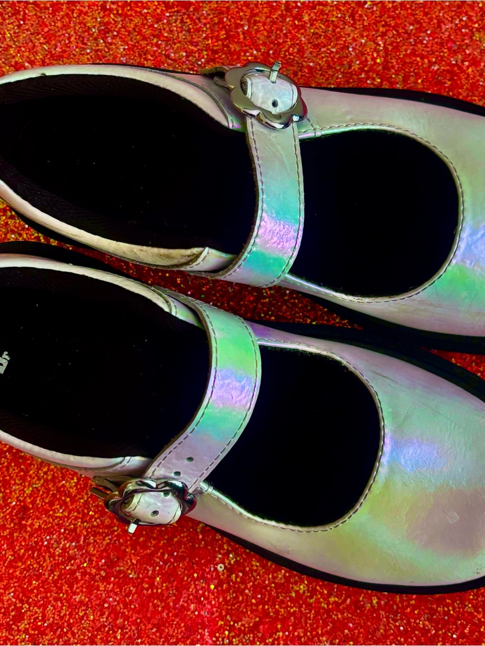 Dr. Martens Iridescent Mary Jane Flats in Holographic Sheen